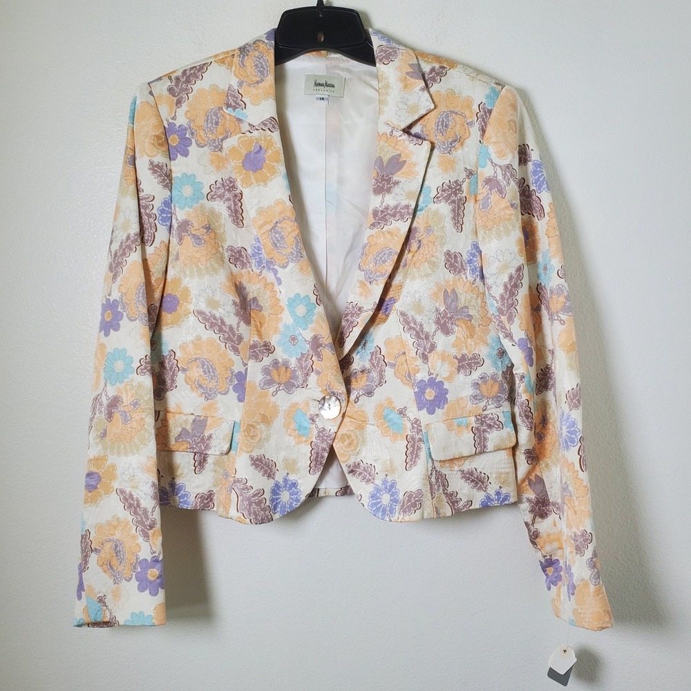 Neiman Marcus Cream & Peach Floral Silk & Cotton Cropped Vintage Blazer Size 14 - Picture 11 of 11